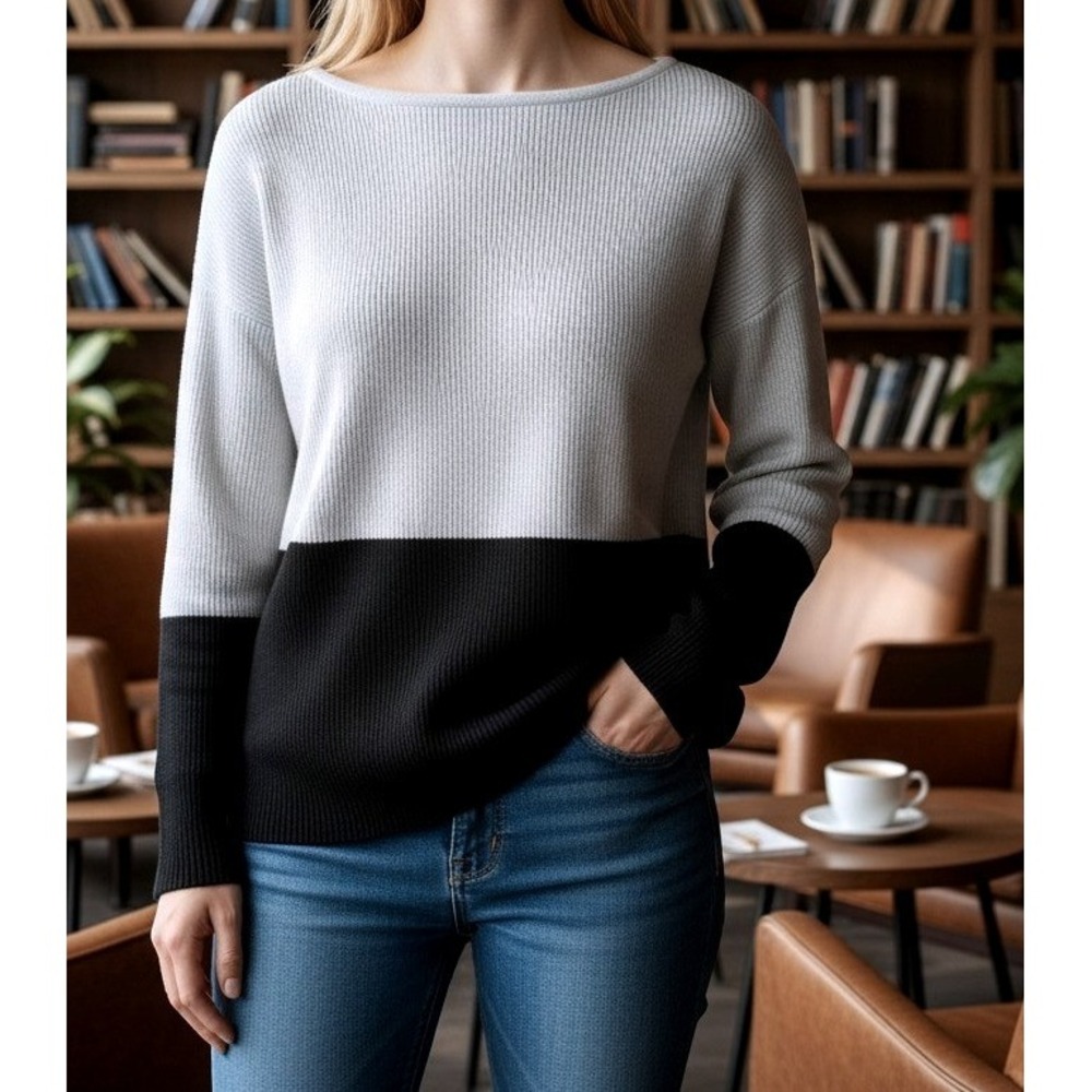 White House Black Market Colorblock Boat Neck Sweater White Black XS